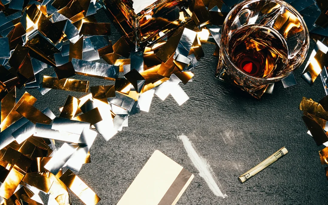 High-angle view of alcohol, cigarettes, and powdered substances among gold and silver party confetti.